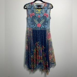 Johnny was blue floral mesh dress with slip
